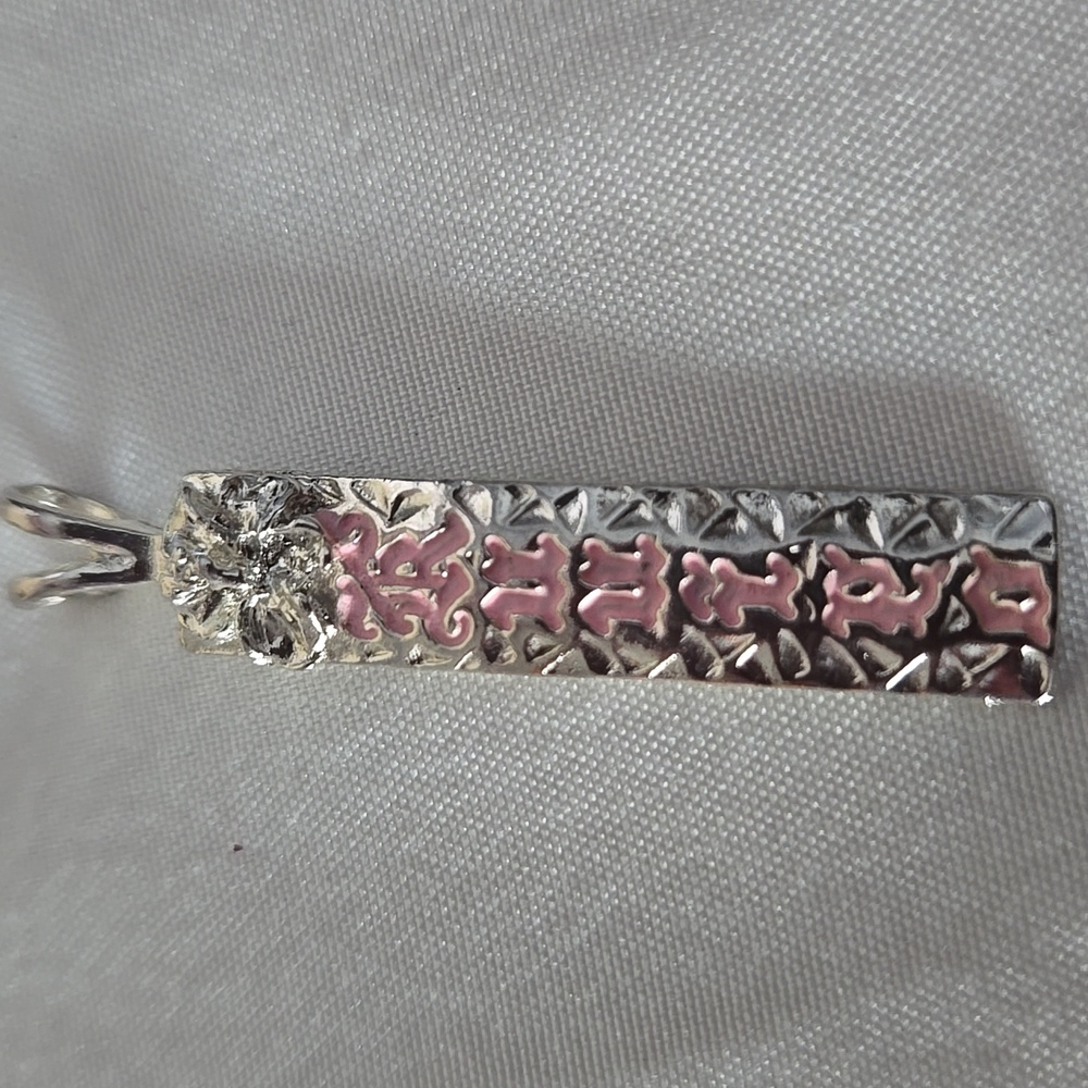 Silvertone w/Pink Enamel "Kuuipo" Flower Pendant 1 5/8" X 1/4"